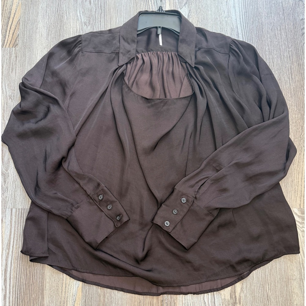 Free People Brown Satin Draped Layered Neck Blouse Oversized Womens Medium